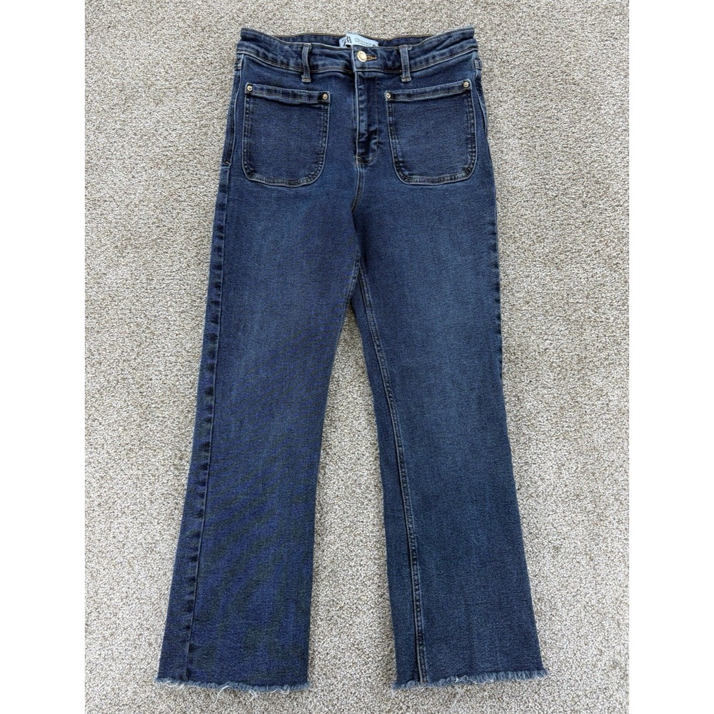 Zara High Waist Mini Flare Jeans Women's 6 Blue Dark Wash Patch‎ Pockets Raw Hem